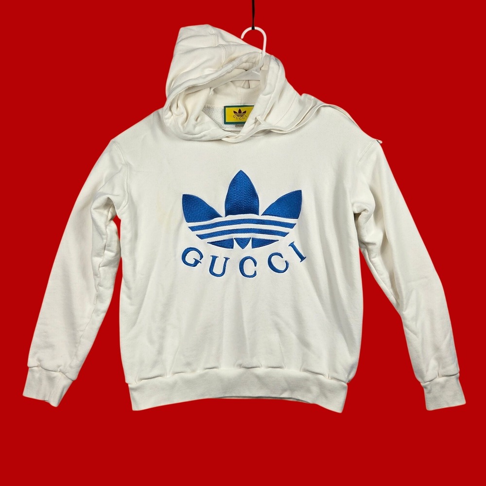 Gucci Adidas Hoodie Women Medium White Excellent Trefoil Logo Sweatshirt
